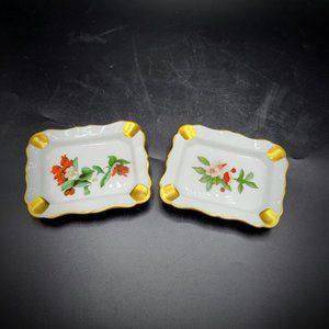 Tharaud Limoges France Pair Of Vintage Flower And Gold Gild Ashtrays Or Trinket